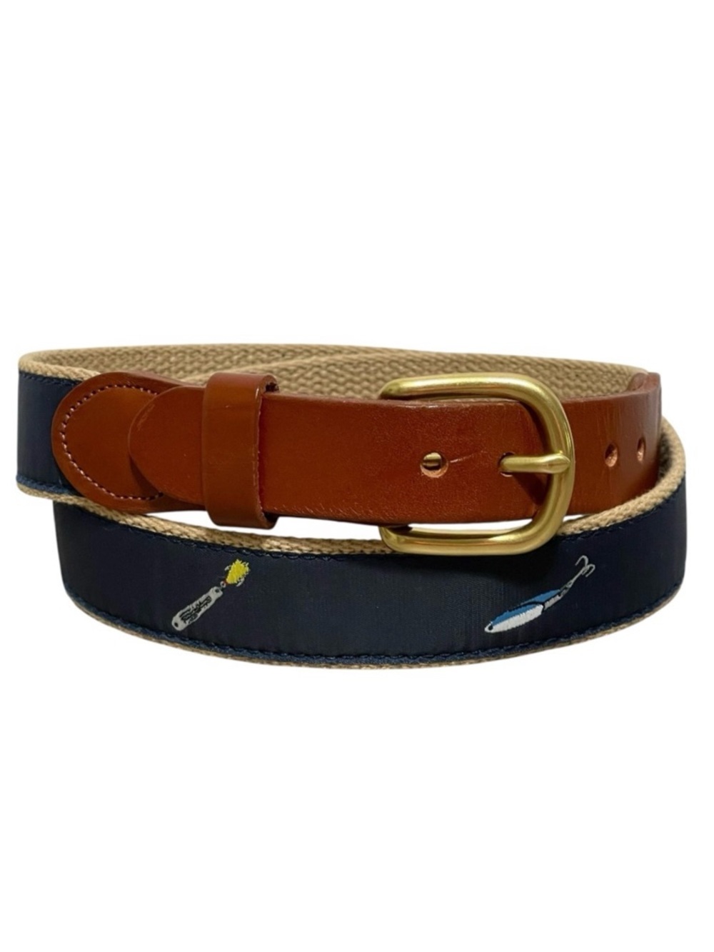 Leather Man LTD Fishing Lure Print Navy Canvas Belt Leather Trim Nautical Sz 34
